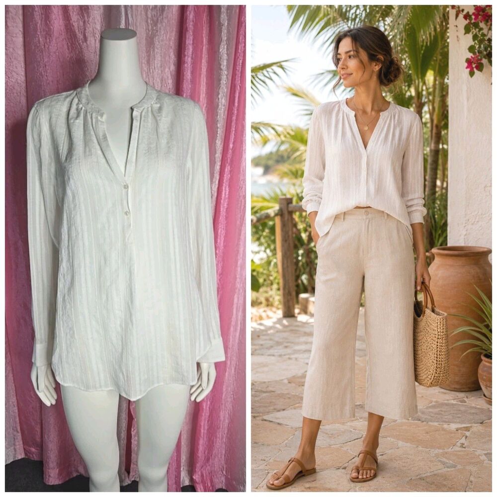 Vince White Shirred Cotton Popover Neck Resort Vacation Tunic Blouse Size 8